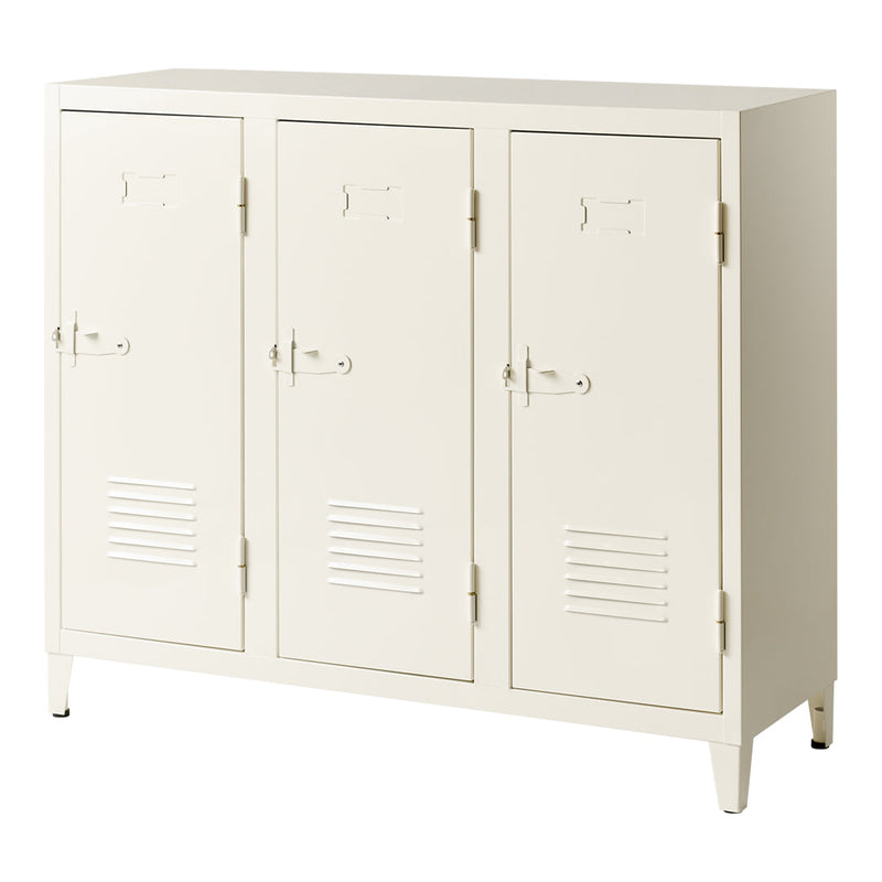 Cream-colored three-door metal locker with minimalist design and horizontal ventilation slits.