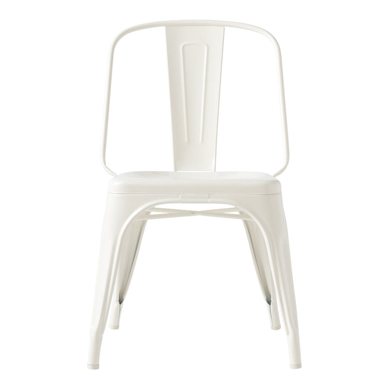 White metal chair with a minimalist design, featuring smooth surfaces and sleek lines, perfect for modern decor.