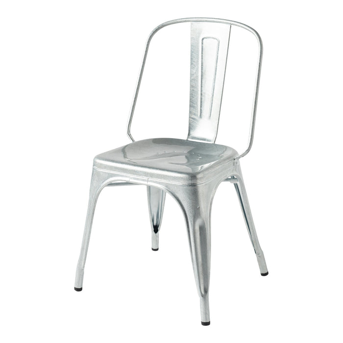 Metallic silver chair with a sleek, reflective finish and minimalistic design, perfect for modern decor.