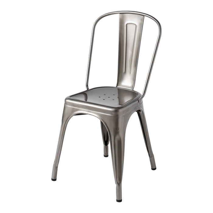 Silver metal chair with a sleek design and perforated seat for modern decor. Ideal for indoor or outdoor use.