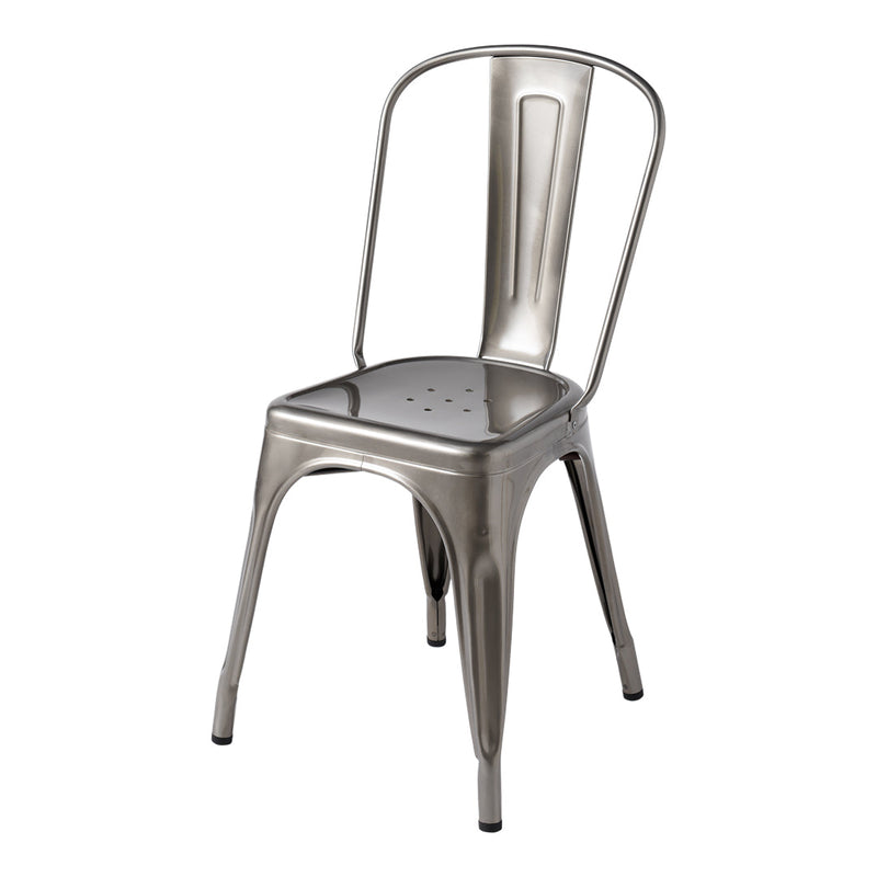Silver metal chair with a sleek design and perforated seat for modern decor. Ideal for indoor or outdoor use.