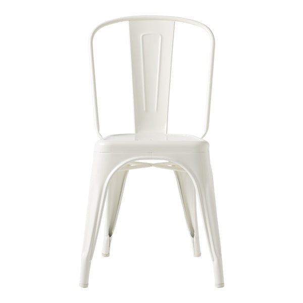 White metal chair with a minimalist design and smooth, clean lines. Perfect for modern decor themes.