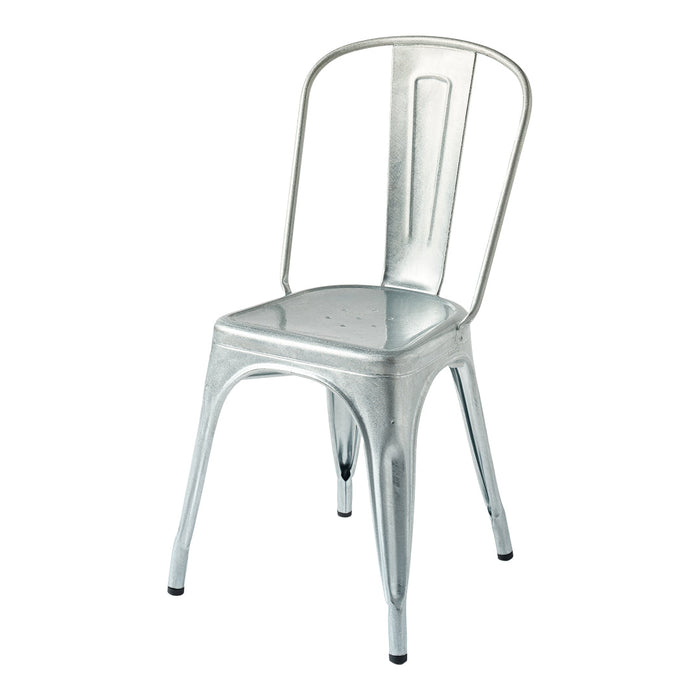 Stylish silver metal chair with a sleek, shiny finish, featuring a classic industrial design. Perfect for modern decor.