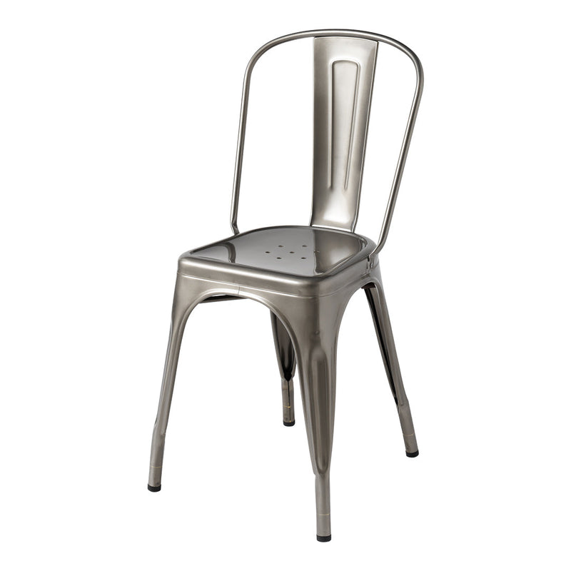 Metallic silver chair with a sleek, minimalist design and subtle perforated seat pattern. Ideal for modern decor.
