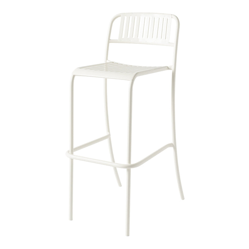 White metal bar stool with a minimalistic design and a slatted backrest, perfect for contemporary spaces.