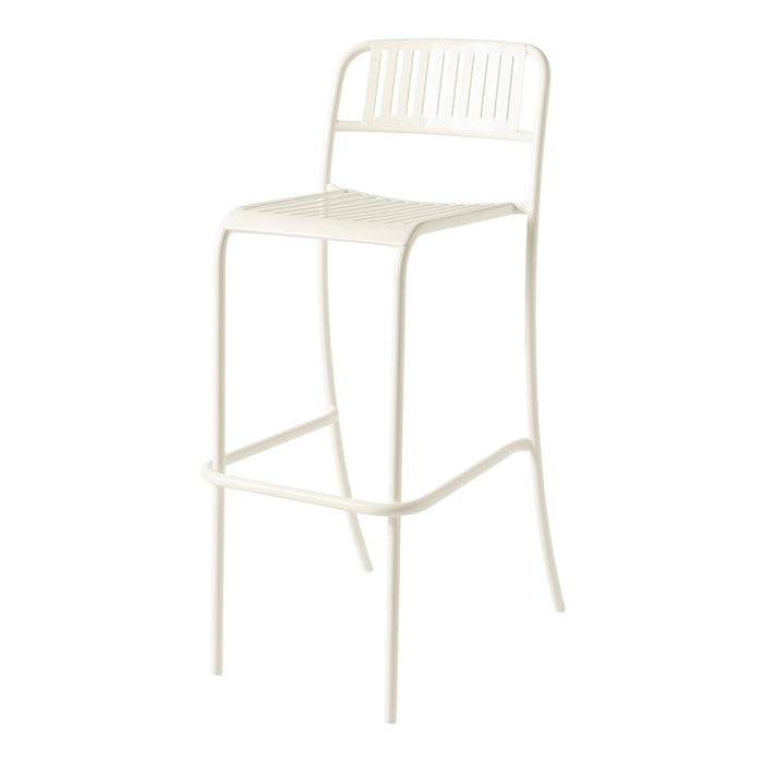 White metal bar stool with a slatted backrest and minimalist design, perfect for modern decor.