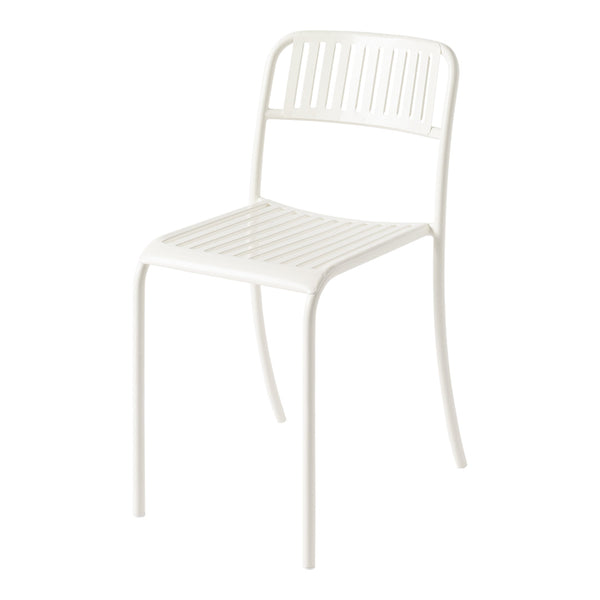 White slatted chair with minimal design, featuring sleek lines and a contemporary look, perfect for modern decor.