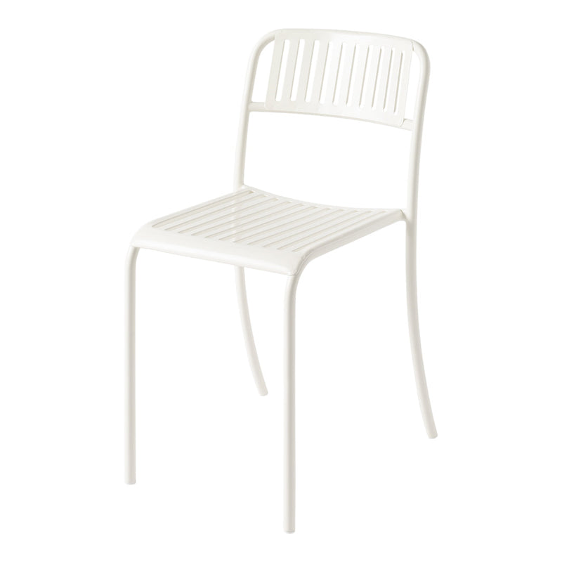 White slatted chair with minimal design, featuring sleek lines and a contemporary look, perfect for modern decor.
