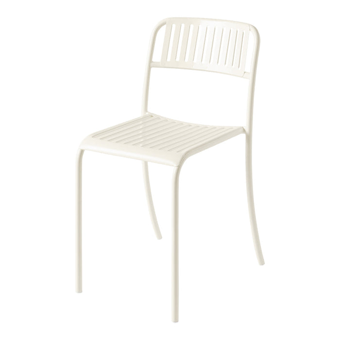 White metal chair with slatted back and seat, featuring a modern, minimalist design. Ideal for indoor or outdoor use.