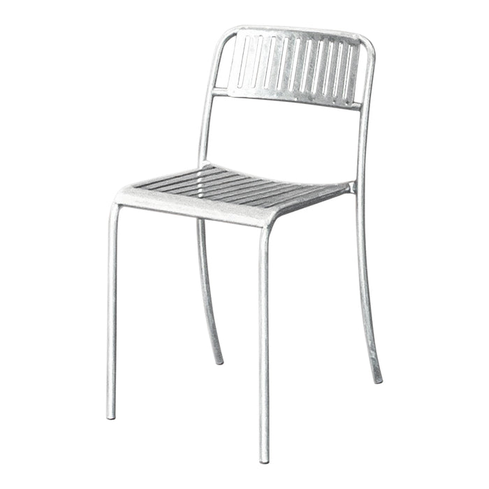 Silver metal chair with a sleek, modern design featuring horizontal slats and a shiny finish. Perfect for minimalist decor.