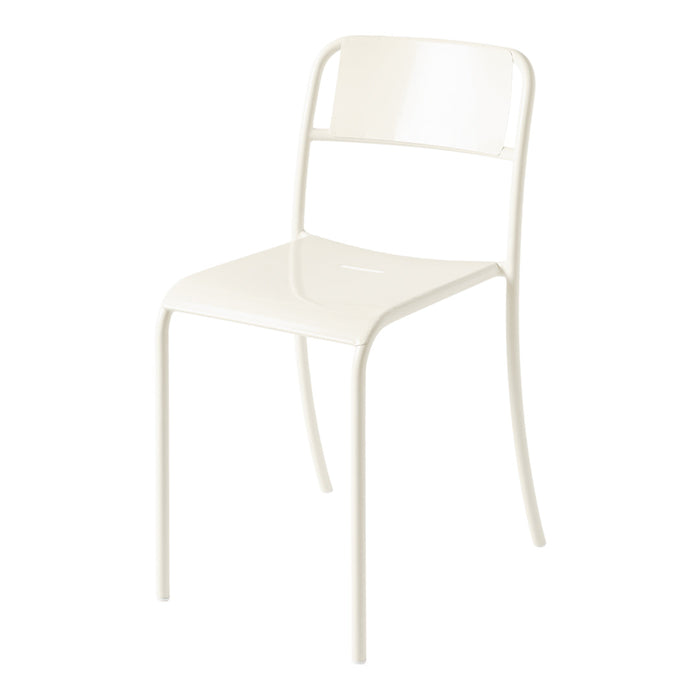 White minimalist metal chair with a sleek design and smooth surface, perfect for modern decor.