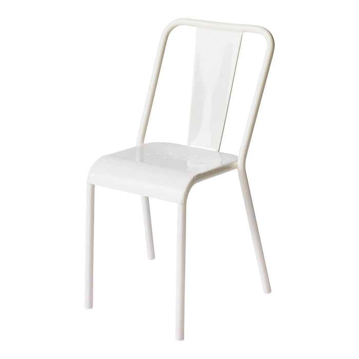 White metal chair with a sleek, minimalist design and a glossy finish. Perfect for modern decor.