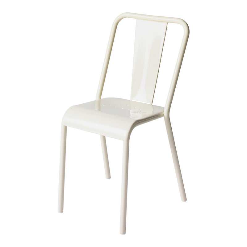 "Minimalist white metal chair with sleek lines and a smooth, glossy finish, perfect for modern decor."