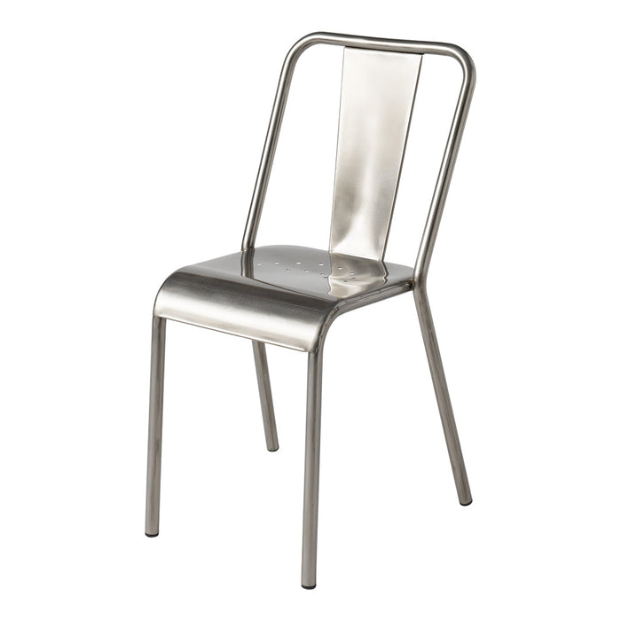 Sleek stainless steel chair with a minimalist design and smooth, reflective finish, ideal for modern decor.