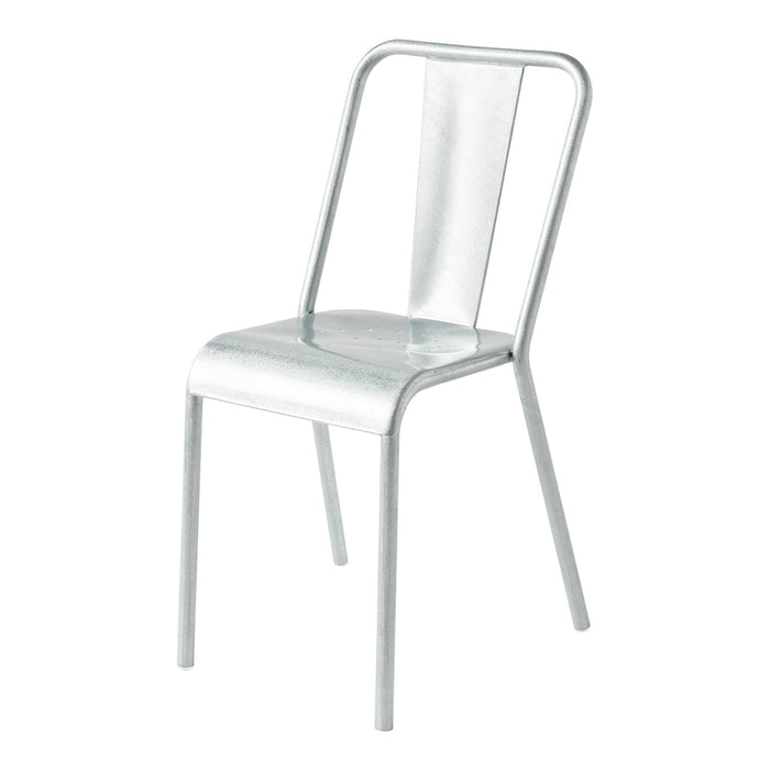 Silver metal chair with a sleek, minimalist design and a matte finish. Ideal for modern decor.