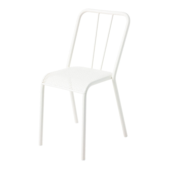White metal chair with a textured woven seat, featuring a minimalist design and clean lines. Perfect for modern decor.