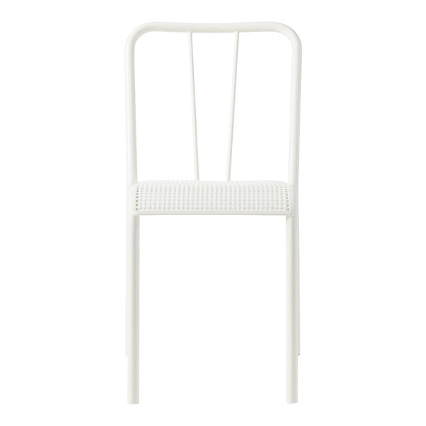White metal chair with a woven white seat, featuring minimalistic design and clean lines. Perfect for modern decor.