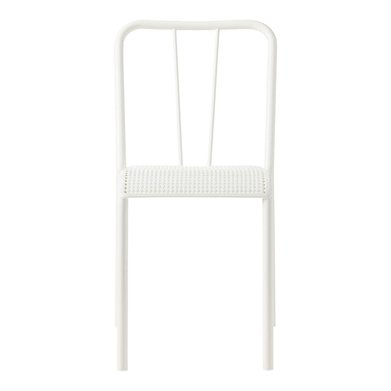 White metal chair with a woven white seat, featuring minimalistic design and clean lines. Perfect for modern decor.