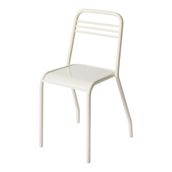 Minimalist white metal chair with simple linear back design, perfect for modern decor and versatile styling.