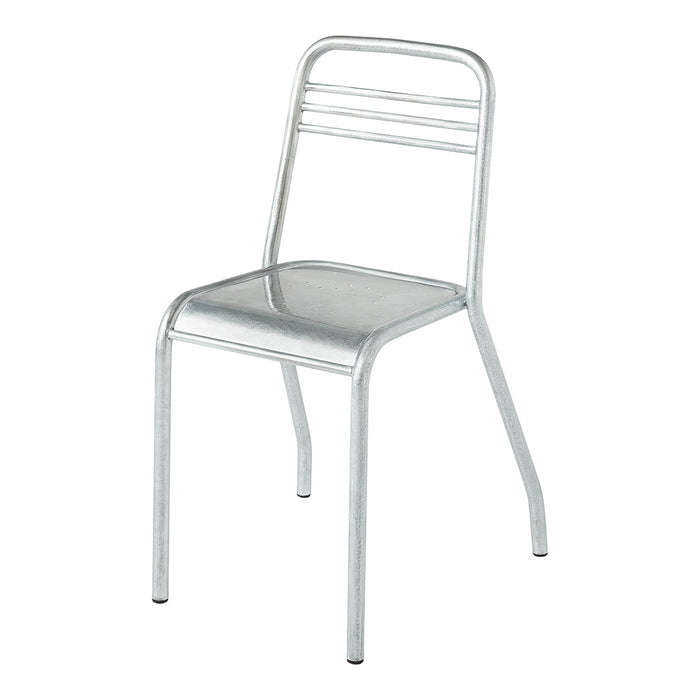 Galvanized metal chair with a smooth, shiny surface and sleek silver finish, featuring simple horizontal patterns on the backrest.
