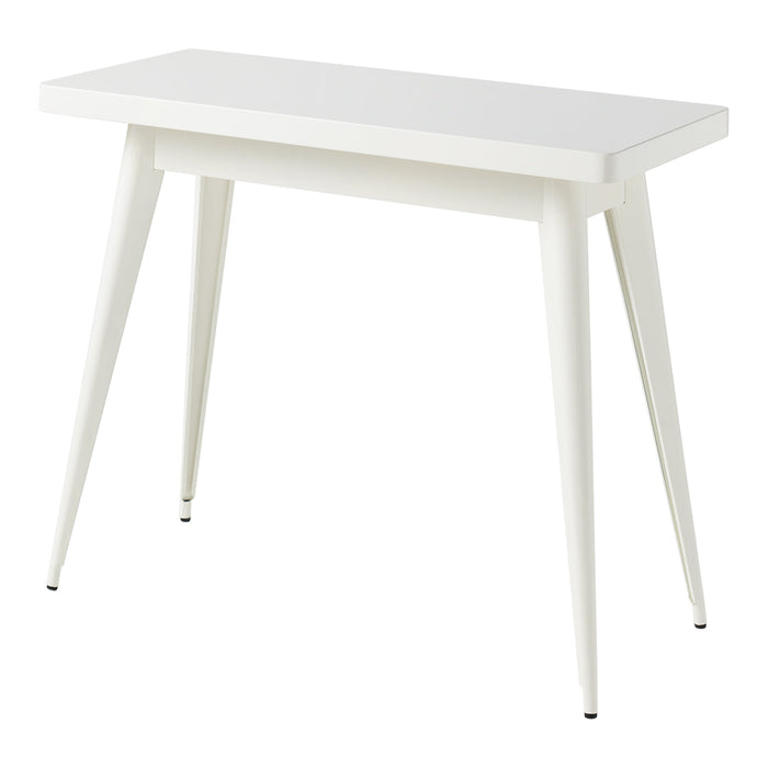 Sleek white console table with minimalist design and tapered legs, perfect for modern decor.