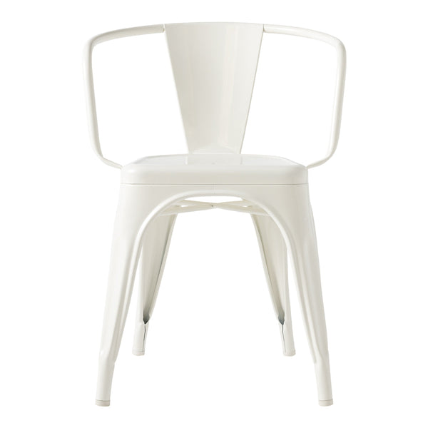 White metal chair with a sleek, minimalist design and smooth, glossy finish. Perfect for modern decor styles.