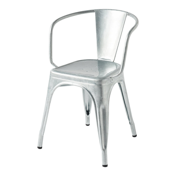 Metallic silver chair with a sleek, shiny finish and minimalist design, perfect for modern decor.