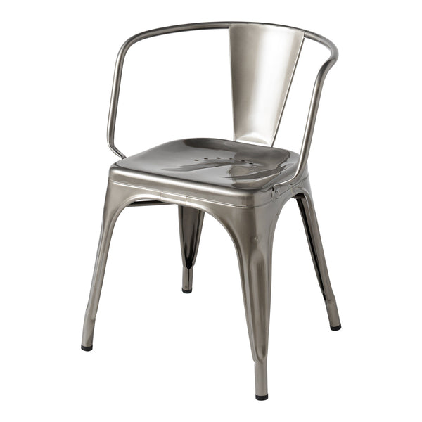 Metallic silver chair with a sleek, reflective surface and minimalist design. Perfect for modern decor.