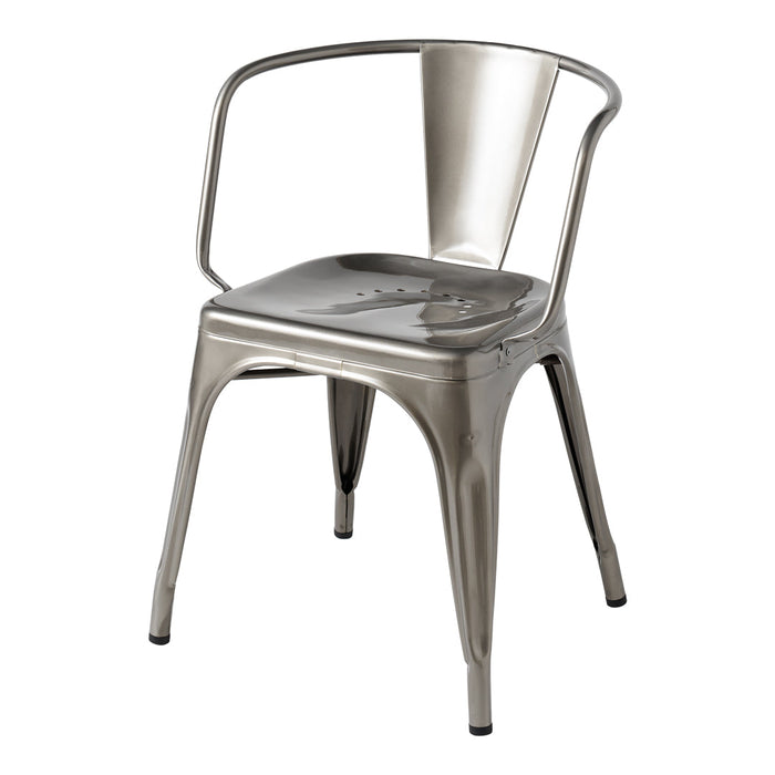 Metallic silver chair with a sleek, reflective surface and minimalist design. Perfect for modern decor.