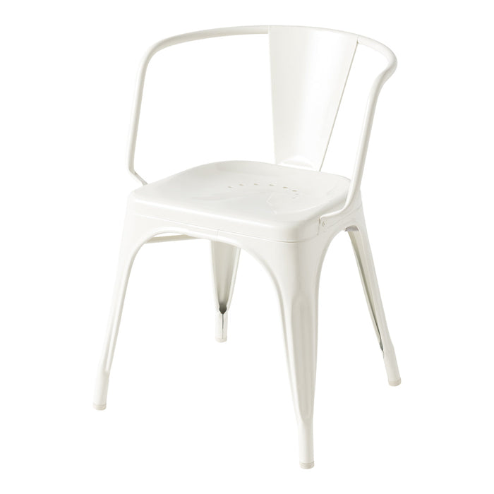 White metal chair with a sleek, modern design, featuring a smooth surface and minimalist style. Ideal for contemporary decor.