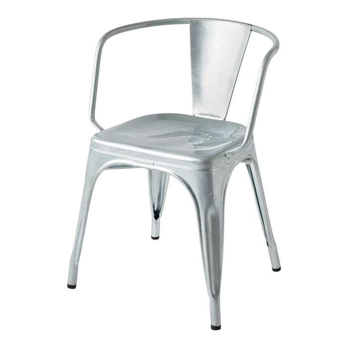 Silver metallic chair with a sleek, shiny finish and minimalist design, perfect for modern decor.