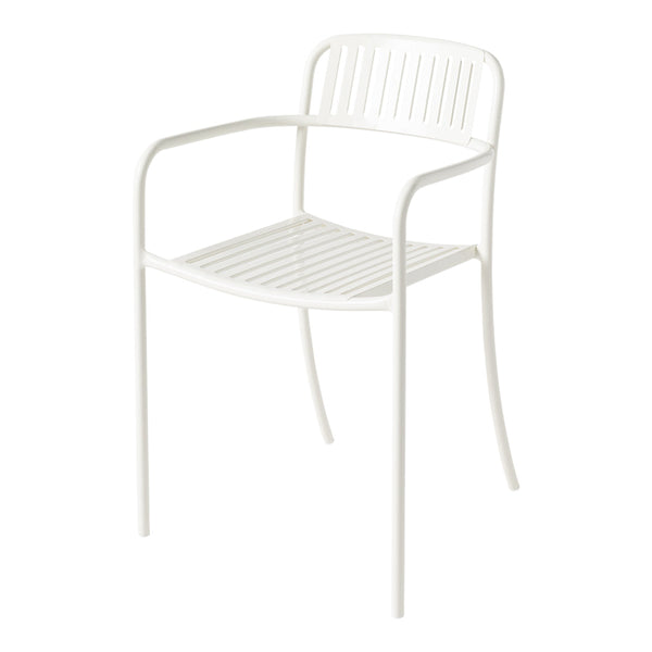 White slatted outdoor chair with minimalist design, featuring a sleek finish and modern lines. Perfect for any décor.