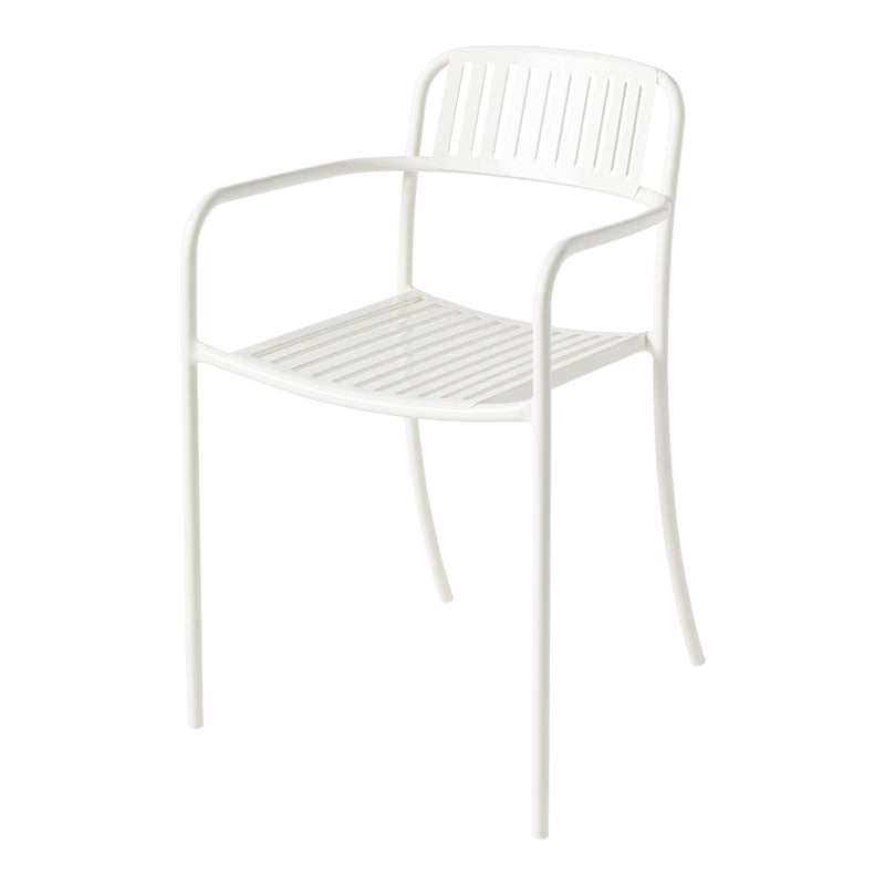 White slatted outdoor chair with minimalist design, featuring a sleek finish and modern lines. Perfect for any décor.