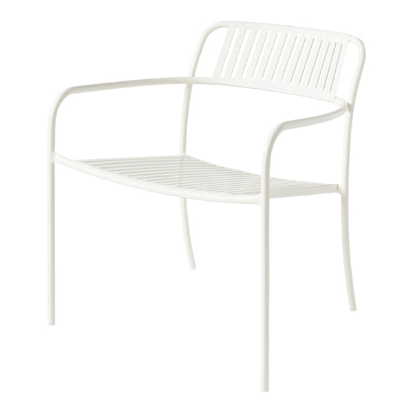 White minimalist chair with a slatted back and seat, featuring a sleek, modern design. Perfect for contemporary spaces.