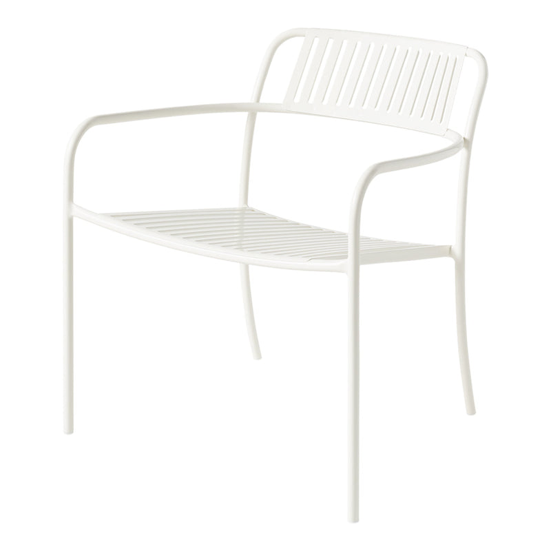 White minimalist chair with a slatted back and seat, featuring a sleek, modern design. Perfect for contemporary spaces.
