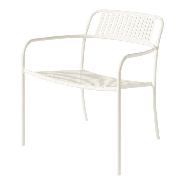 White metal chair with sleek lines and a slatted backrest, perfect for modern outdoor decor.