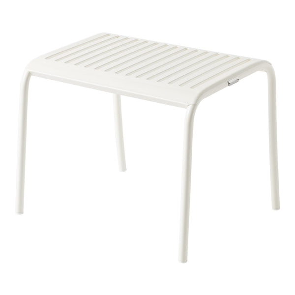 White slatted table with a sleek design, featuring a clean minimalist pattern perfect for indoor or outdoor use.