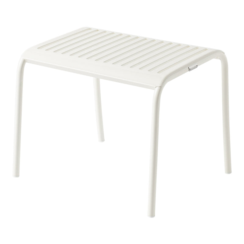 White slatted table with a sleek design, featuring a clean minimalist pattern perfect for indoor or outdoor use.