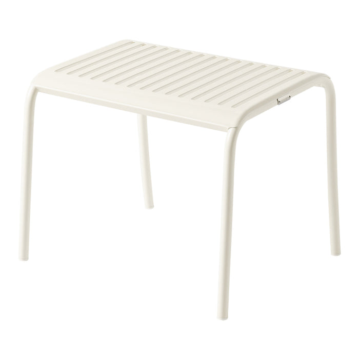 Stylish off-white outdoor table with horizontal slatted pattern, perfect for modern patio decor.