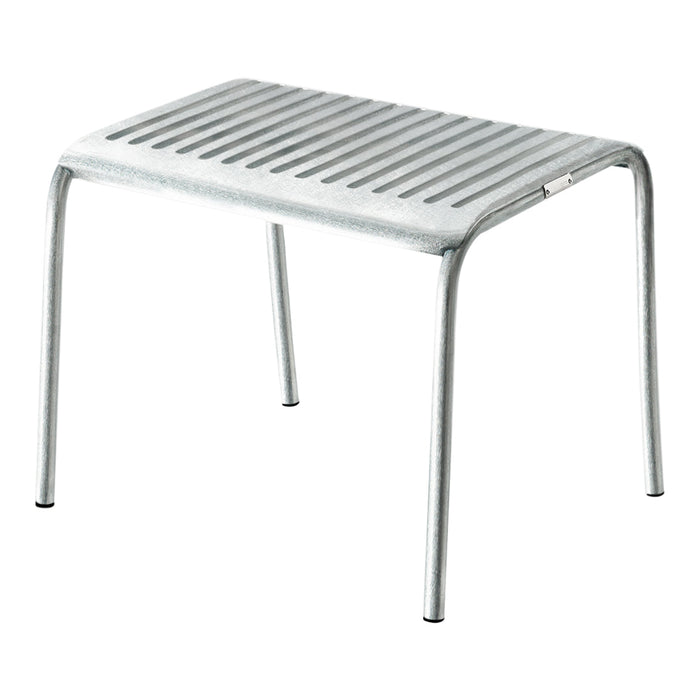 Silver metal stool with a slatted design, featuring a sleek and modern look for contemporary spaces.