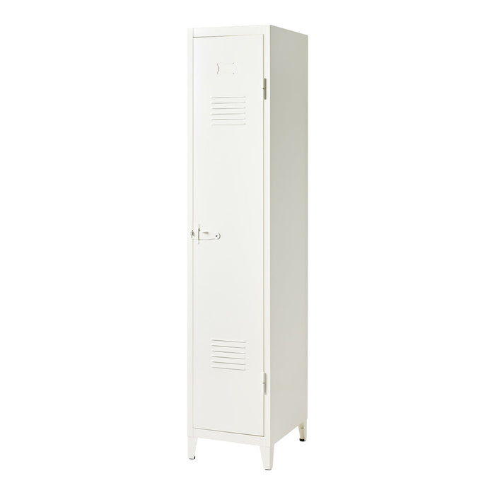 Sleek white metal locker with a minimalist design and vertical ventilation slits. Ideal for modern spaces.