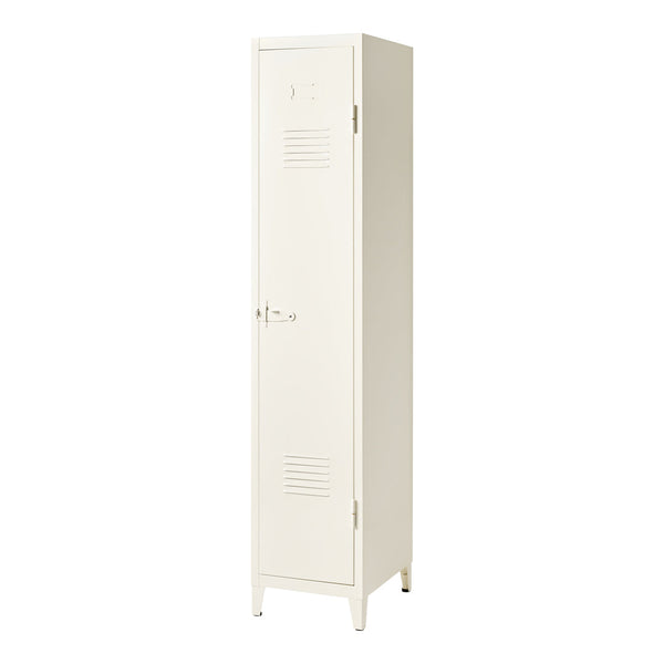 Tall cream-colored locker with subtle vertical lines and a minimalist design. Perfect for storage solutions.