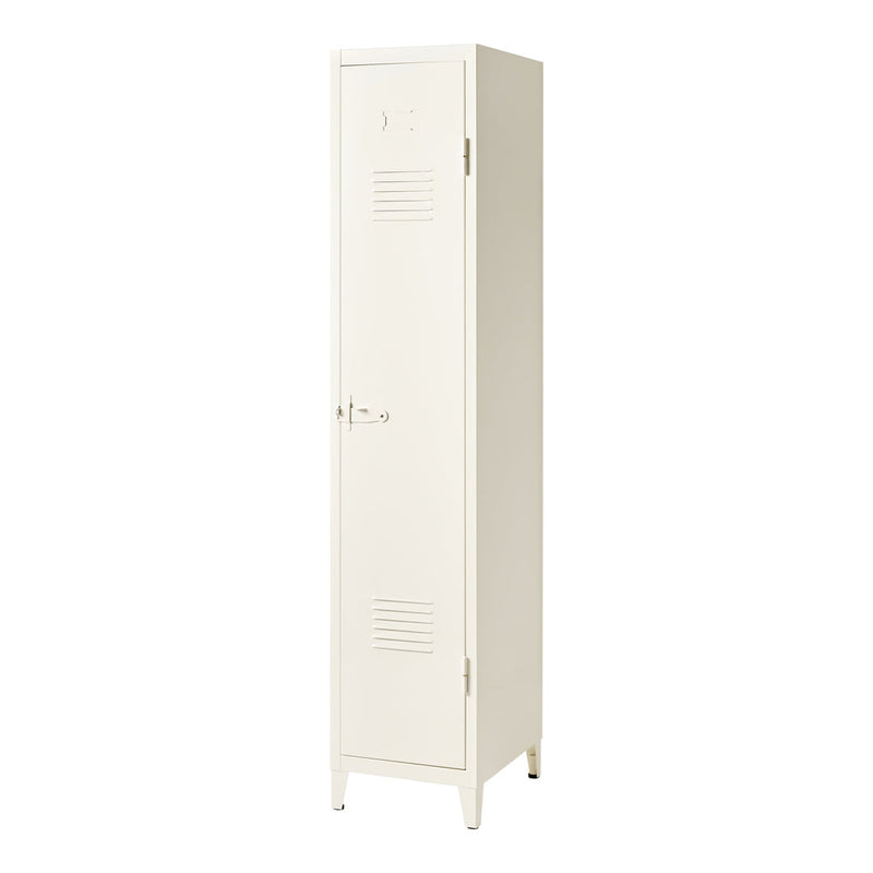 Tall cream-colored locker with subtle vertical lines and a minimalist design. Perfect for storage solutions.