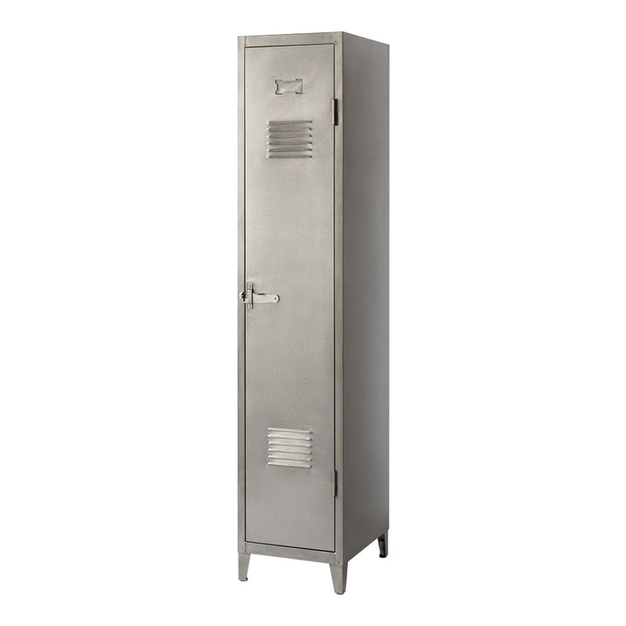 Silver metal locker with a sleek, industrial design featuring horizontal and vertical ventilation patterns.