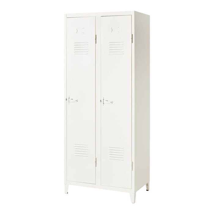 White metal locker with vertical ribbed pattern and vented doors, perfect for organized storage solutions.