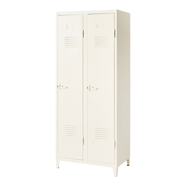 Cream-colored two-door locker with horizontal slits and minimalistic design, suitable for various decor styles.
