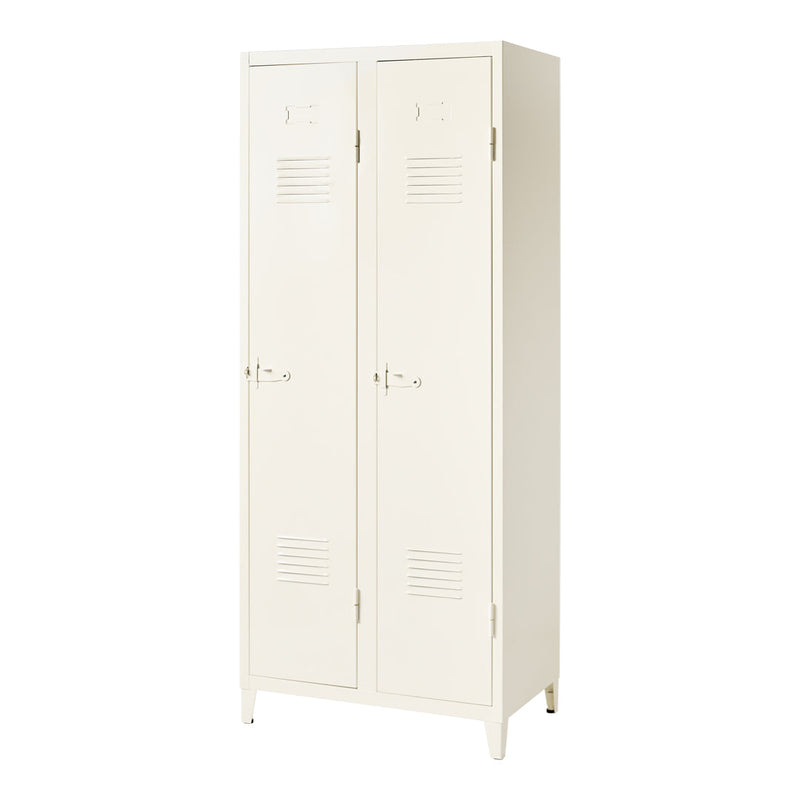 Cream-colored two-door locker with horizontal slits and minimalistic design, suitable for various decor styles.