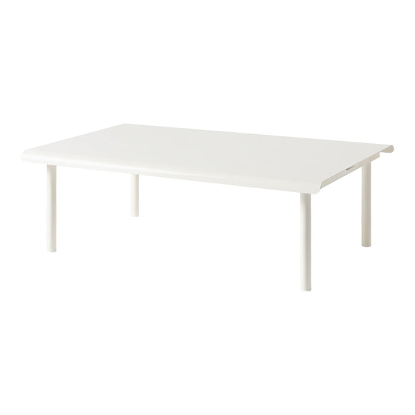 White rectangular table with a smooth finish and simple design on four legs. Ideal for modern home decor.