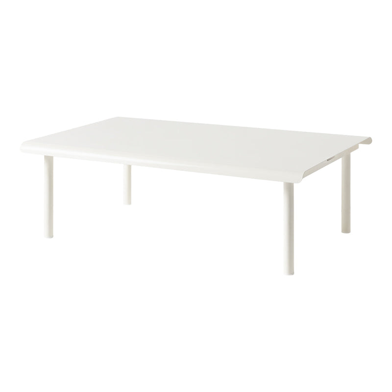 White rectangular table with a smooth finish and simple design on four legs. Ideal for modern home decor.