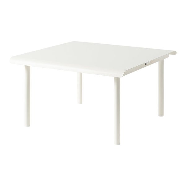 White square table with a smooth surface and clean lines, ideal for minimalist decor. Perfect for dining or workspace.